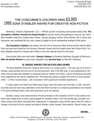 57a-1995 : The Concubine's Children wins $3,000 1995 Edna Staebler Award for Creative Non-fiction