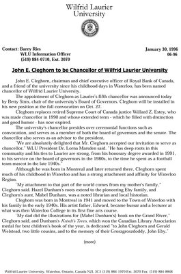 06-1996 : John E. Cleghorn to be Chancellor of Wilfrid Laurier University