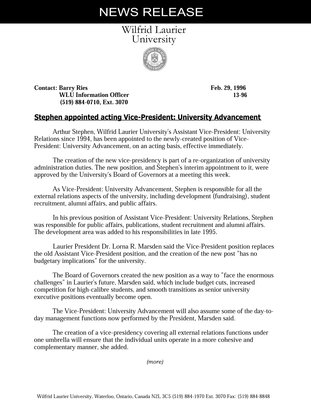 13-1996 : Stephen appointed acting Vice-President: University Advancement