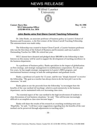 28-1996 : John Banks wins first Glenn Carroll Teaching Fellowship