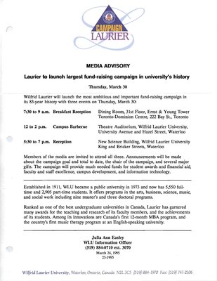 25-1995 : Laurier to launch largest fund-raising campaign in university's history