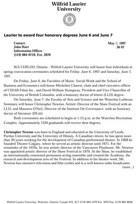 36-1997: Laurier to award four honorary degrees June 6 and June 7