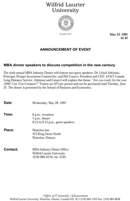 41-1997 : MBA dinner speakers to discuss competition in the new century