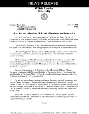 39-1996 : Scott Carson to be dean of School of Business and Economics