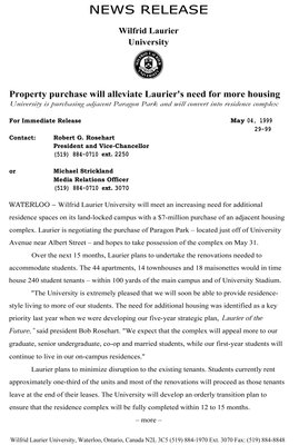 29-1999 : Property purchase will alleviate Laurier's need for more housing