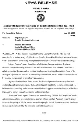 30-1999 : Laurier student uncovers gap in rehabilitation of the deafened