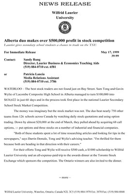 39-1999 : Alberta duo makes over $500,000 profit in stock competition