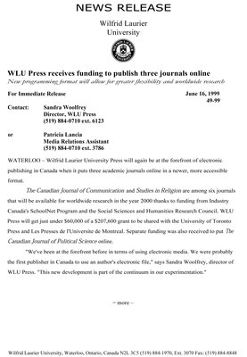 49-1999 : WLU Press receives funding to publish three journals online