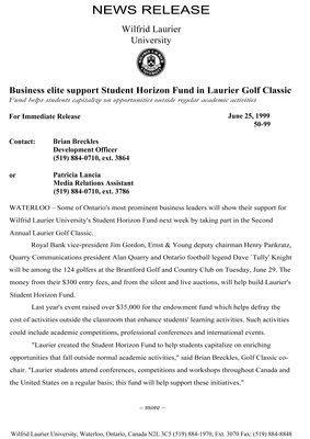 50-1999 : Business elite support Student Horizon Fund in Laurier Golf Classic