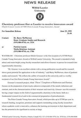 51-1999 : Chemistry professor first at Laurier to receive innovators award