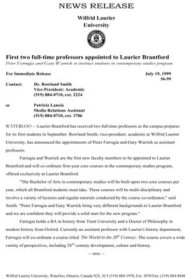 56-1999 : First two full-time professors appointed to Laurier Brantford