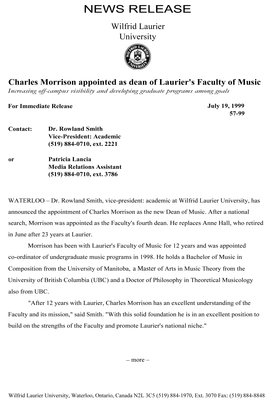 57-1999 : Charles Morrison appointed as dean of Laurier's Faculty of Music