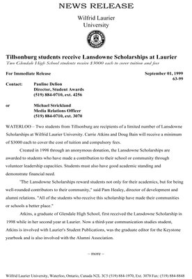 63-1999 : Tillsonburg students receive Lansdowne Scholarships at Laurier