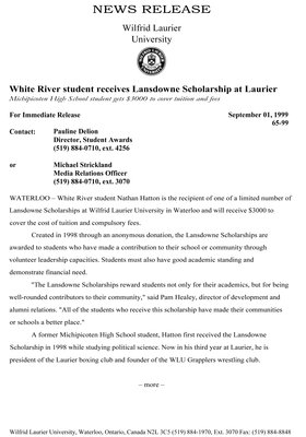 65-1999 : White River student receives Lansdowne Scholarship at Laurier