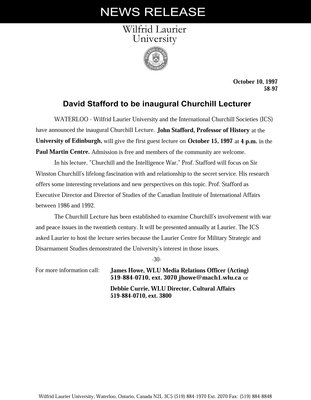 58-1997 : Dave Stafford to be inaugural Churchill Lecturer