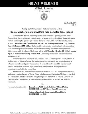 60-1997 : Twenty-fourth annual Easton-McCarney Memorial Lecture : Social workers in child welfare face complex legal issues