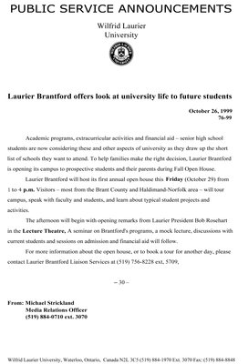 76-1999 : Laurier Brantford offers look at university life to future students