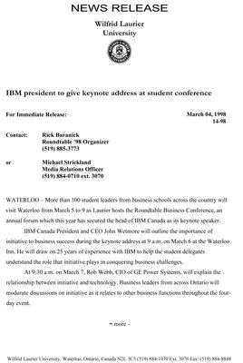 14-1998 : IBM president to give keynote address at student conference