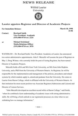 15-1998 : Laurier appoints Registrar and Director of Academic Projects