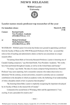 17-1998 : Laurier names music professor top researcher of the year