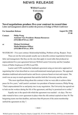 37-1998 : Novel negotiations produce five-year contract in record time