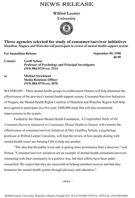 40-1998 : Three agencies selected for study of consumer/survivor initiatives