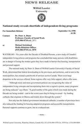 41-1998 : National study reveals shortfalls if independent-living programs