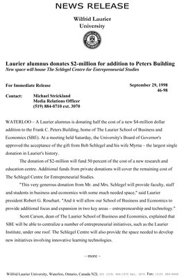 46-1998 : Laurier alumnus donates $2-million for addition to Peters Building