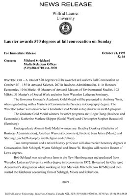 52-1998 : Laurier awards 570 degrees at fall convocation on Sunday