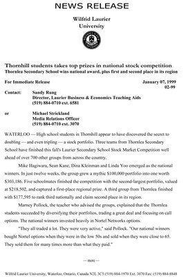 02-1999 : Thornhill students takes top prizes in national stock market competition