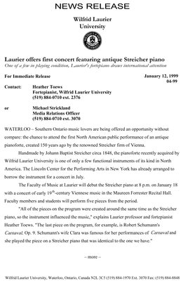 04-1999 : Laurier offers first concert featuring antique Streicher piano