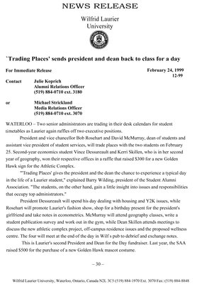 12-1999 : &quot;Trading places&quot; sends president and dean back to class for a day