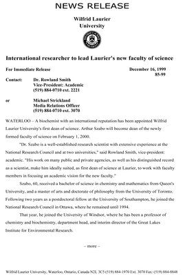 85-1999 : International researcher to lead Laurier's new faculty of science