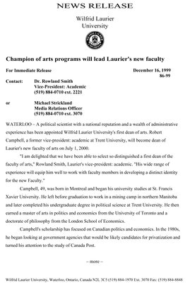 86-1999 : Champion of arts programs will lead Laurier's new faculty