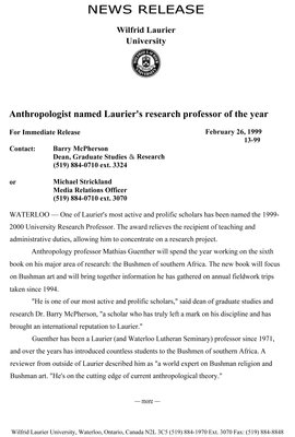 13-1999 : Anthropologist named Laurier's research professor of the year