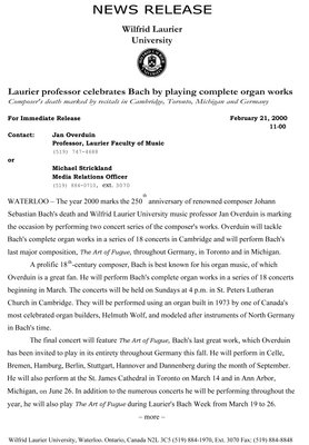 11-2000 : Laurier professor celebrates Bach by playing complete organ works