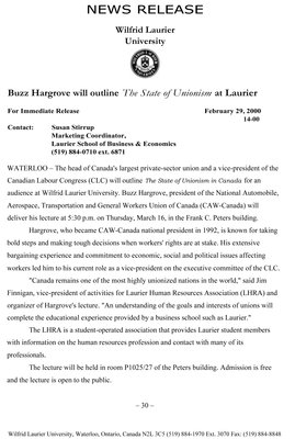 14-2000 : Buzz Hargrove will outline The State of Unionism at Laurier