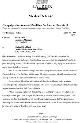 25-1999 : Campaign aims to raise $2-million for Laurier Brantford