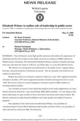 32-2000 : Elizabeth Witmer to outline role of leadership in public sector