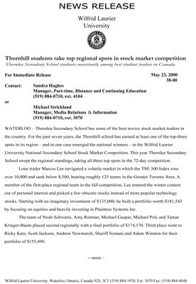 38-2000 : Thornhill students take top regional spots in stock market competition