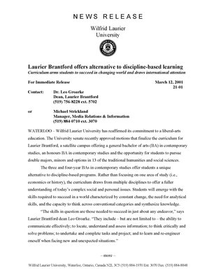 21-2001 : Laurier Brantford offers alternative to discipline-based learning