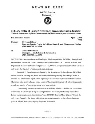 30-2001 : Military centre at Laurier receives a 35 percent increase in funding