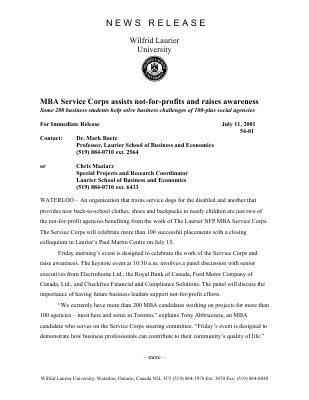 54-2001 : MBA Service Corps assists not-for-profits and raises awareness