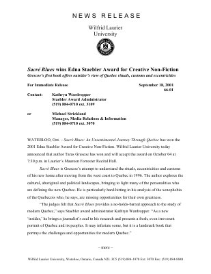 66-2001 : Sacré Blues wins Edna Staebler Award for Creative Non-Fiction