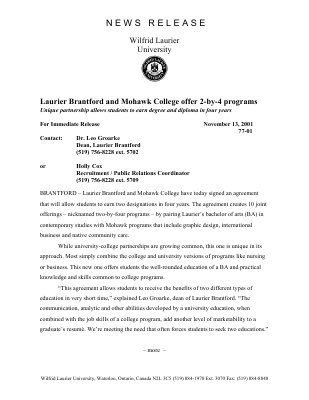 77-2001 : Laurier Brantford and Mohawk College offer 2-by-4 programs