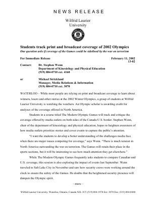 13-2002 : Students track print and broadcast coverage of 2002 Olympics