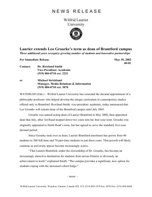 48-2002 : Laurier extends Leo Groarke's term as dean of Brantford campus