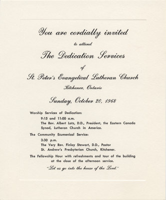 Invitation to the dedication services of St. Peter's Evangelical Lutheran Church, October 1968