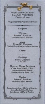 Wilfrid Laurier University 2000 fall convocation President's Dinner program