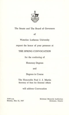 Waterloo Lutheran University spring convocation and baccalaureate service invitation, 1967